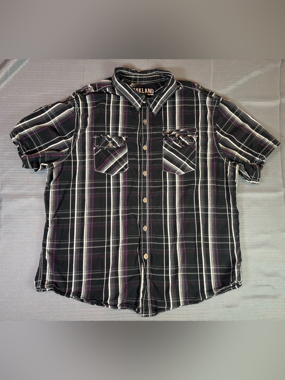 Oakland Black Label Men’s XXL Plaid Button Up Shirt Black Purple Short Sleeve
